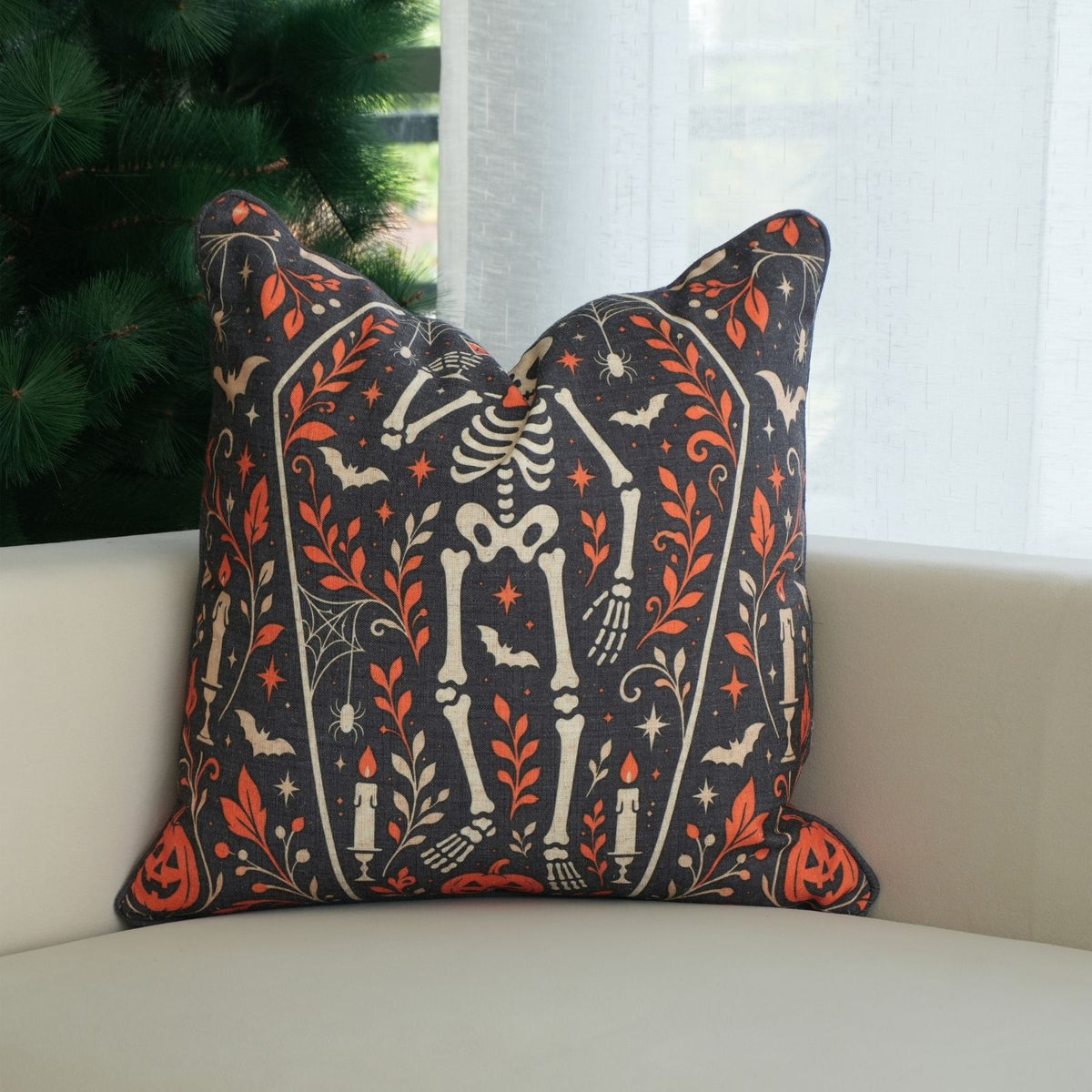 Skeleton Halloween Charcoal Viscose Linen Piping Cushion Cover 