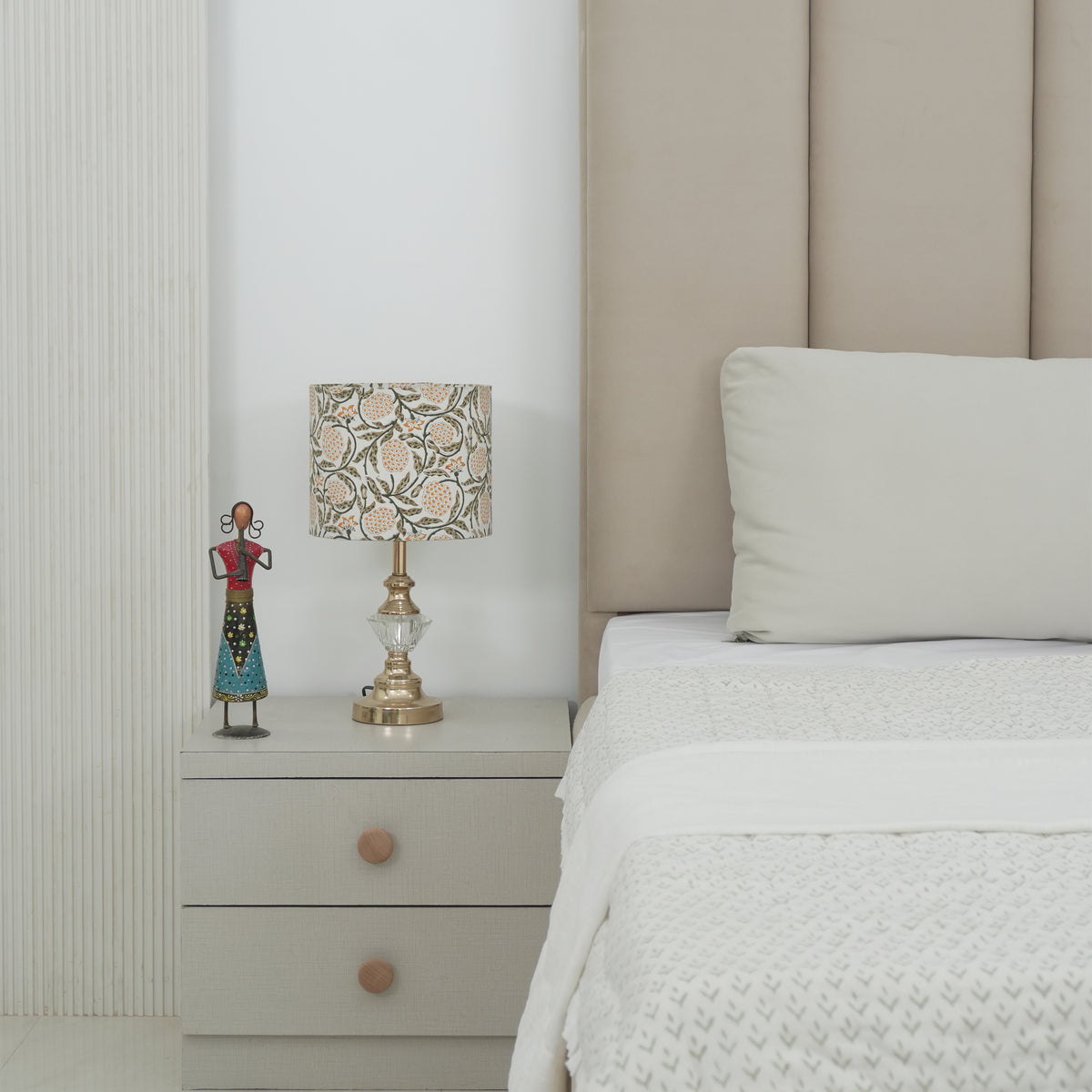Meraki Block Print Drum Lampshade on Thick Cotton White