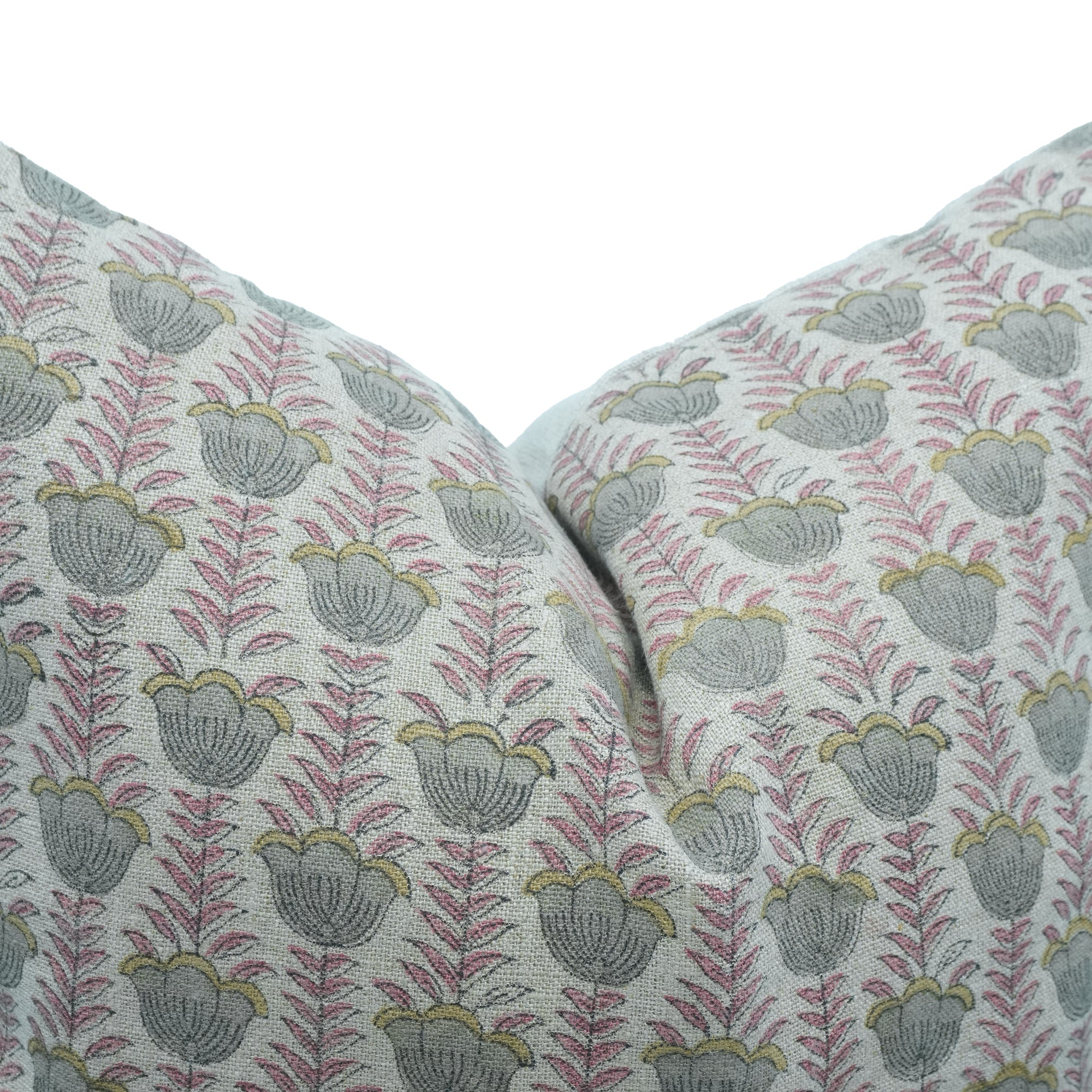 Lotus Handcrafted Thick Linen Cushion Cover Pink and Gray Floral