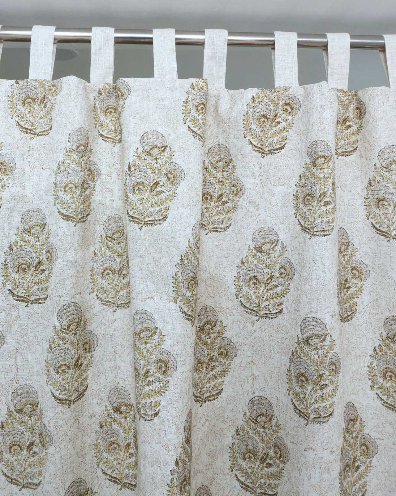 Wooden Block Gray Floral Linen Bedroom Drapery - Mohini