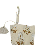 Christmas Stocking Pure Linen Hand Block Printed Floral Decorative Pom Pom Modern Farmhouse Holiday Decor  – RISHI