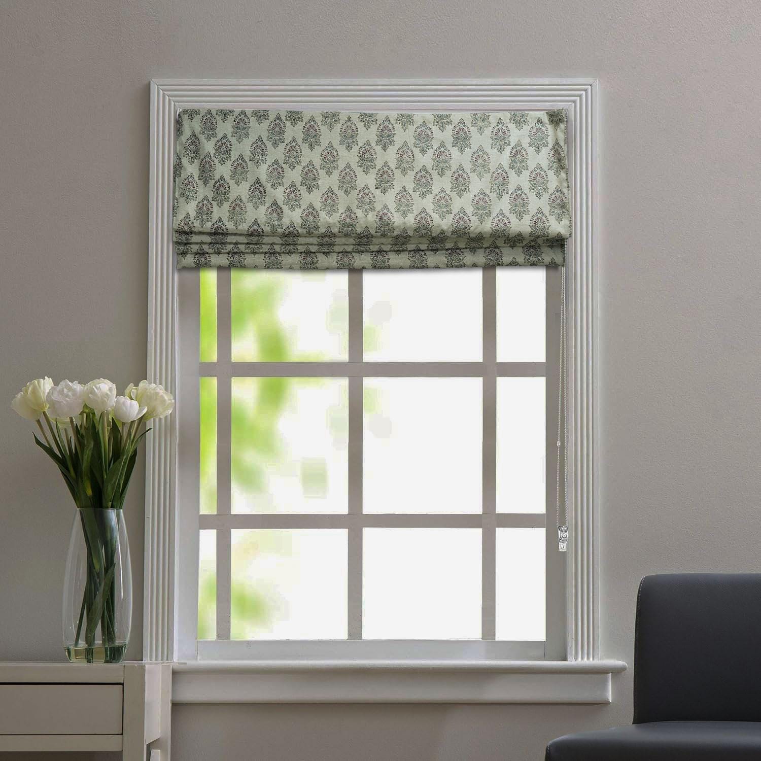 Blackout Roman Shade Floral Hand Block Printed Linen Blend Window Valance - SAMRAAT