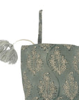Hand Block Printed Gray Floral Pom Pom Christmas Stocking in Pure Linen Holiday Decor - Neelgagan