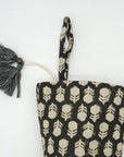 Hand Block Printed Linen Christmas Stockings Black & Brown Floral Design with Pom Pom Holiday Decor