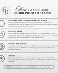 The image is a block-printed fabric care guide that provides instructions on how to properly care for the fabric.