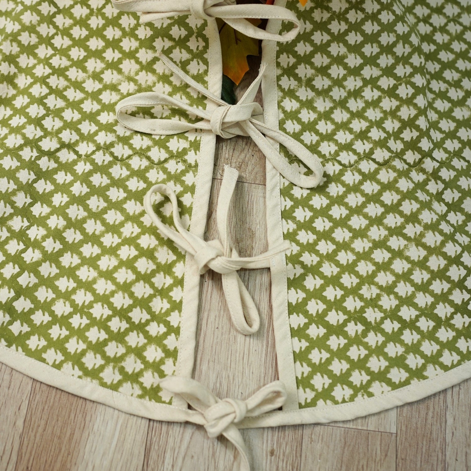 Hand Stamped Green Floral Decorative Block Printed Christmas Tree Skirts on Duck Canvas Pinkcity Winter Decor