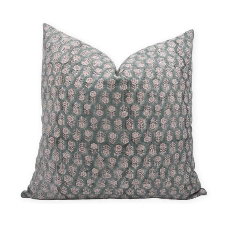 Fabdivine Thick Linen Throw Pillow Cover, Outdoor Pillow with Handloom Print, Sustainable Handmade Cushion Cover for Sofa and Couch, Floral Print with Boho Design, Tulsi buti (Green,26X26 INCH)