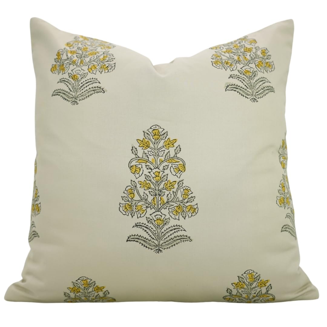 Fabdivine Handmade Block Print Cotton Satin 12'X34' Throw Pillowcase Cushion Cover, Home Décor, Living Room, Sustainable for Sofa and Couch, Fall Decoration, Floral Printed, Sikandar, Yellow