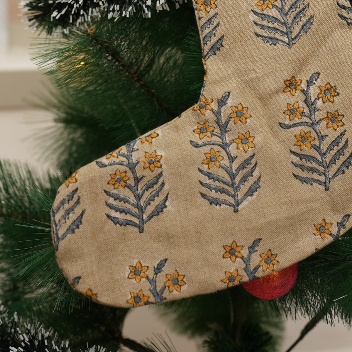 Handcrafted Mustard & Gray Floral Pure Linen Block Printed Christmas Stockings Traditional Festive Art for Home Decor - Inderdhanush