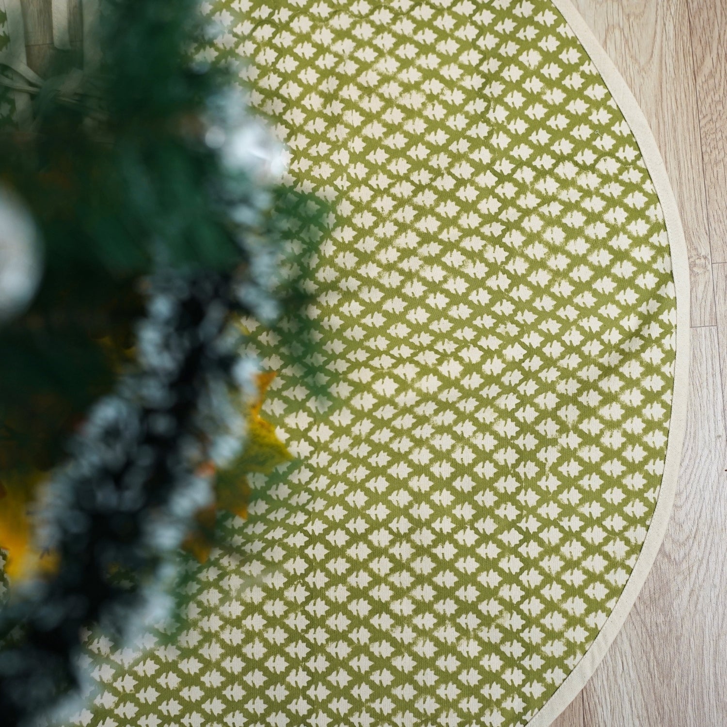 Hand Stamped Green Floral Decorative Block Printed Christmas Tree Skirts on Duck Canvas Pinkcity Winter Decor