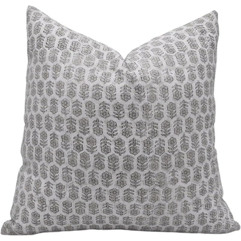 Fabdivine Thick Linen 20x20 Inch Throw Pillow Cover, Outdoor Pillow with Handblock Print, Decorative Handmade Cushion Cover for Sofa and Couch, Floral Print with Boho Design (Tulsi Buti-Grey)