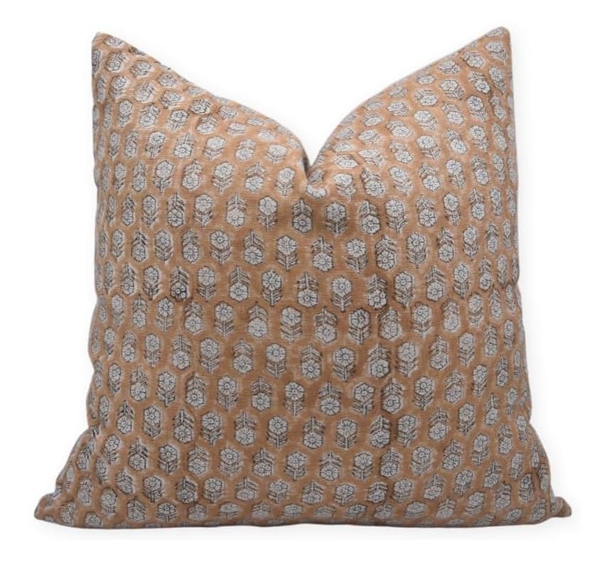 Fabdivine Block Print Thick Linen 14x20 Throw Pillow Covers, Handmade Vintage Pillow Covers For Sofa and Couch, Floral Print Outdoor Cushion Cover With Boho Home Decor (Tulsi buti, camel brown)