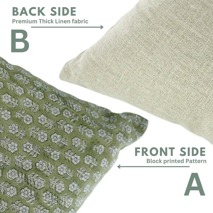 Indian Traditional Print Olive Green Linen Pillow - Tulsi Buti 
