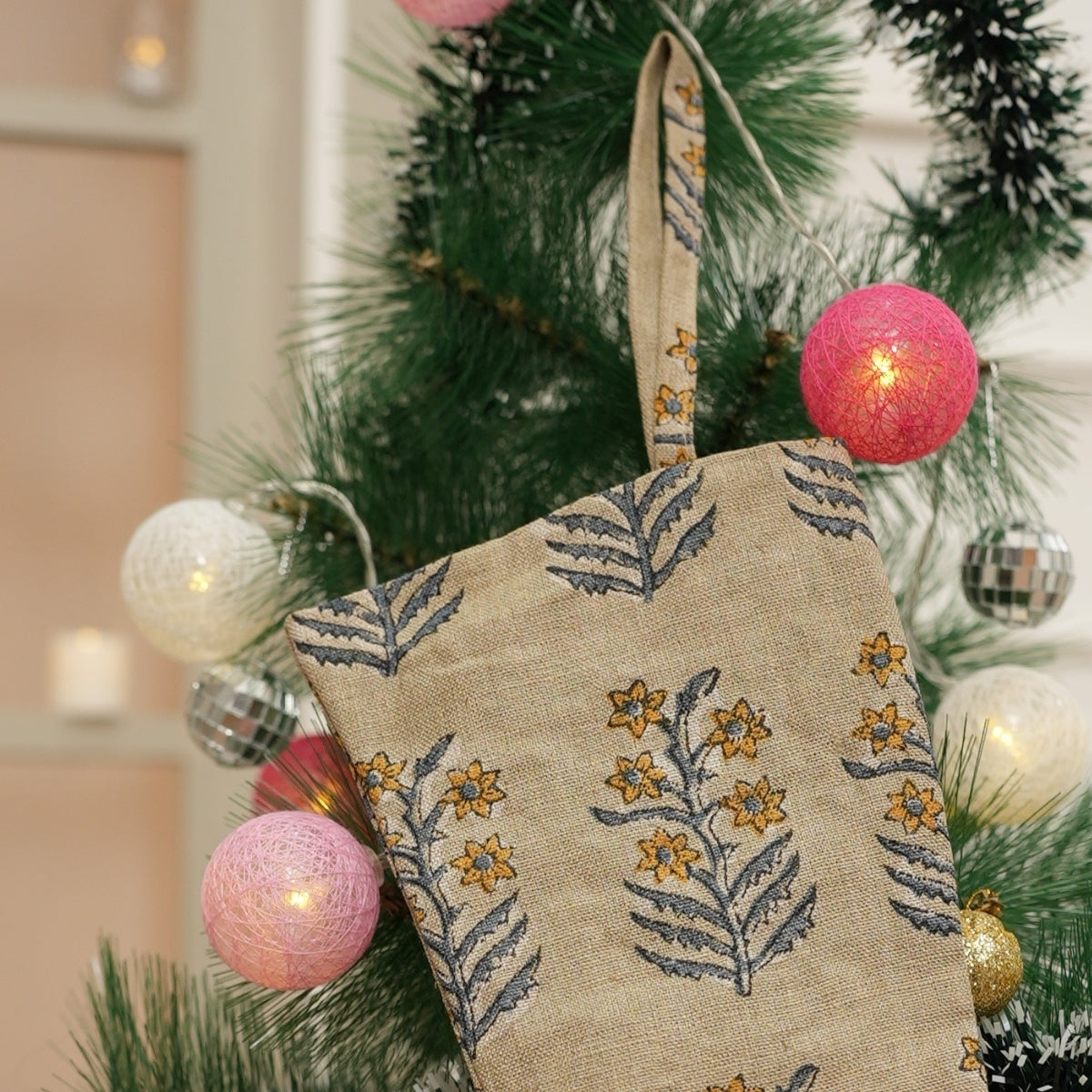Handcrafted Mustard & Gray Floral Pure Linen Block Printed Christmas Stockings Traditional Festive Art for Home Decor - Inderdhanush