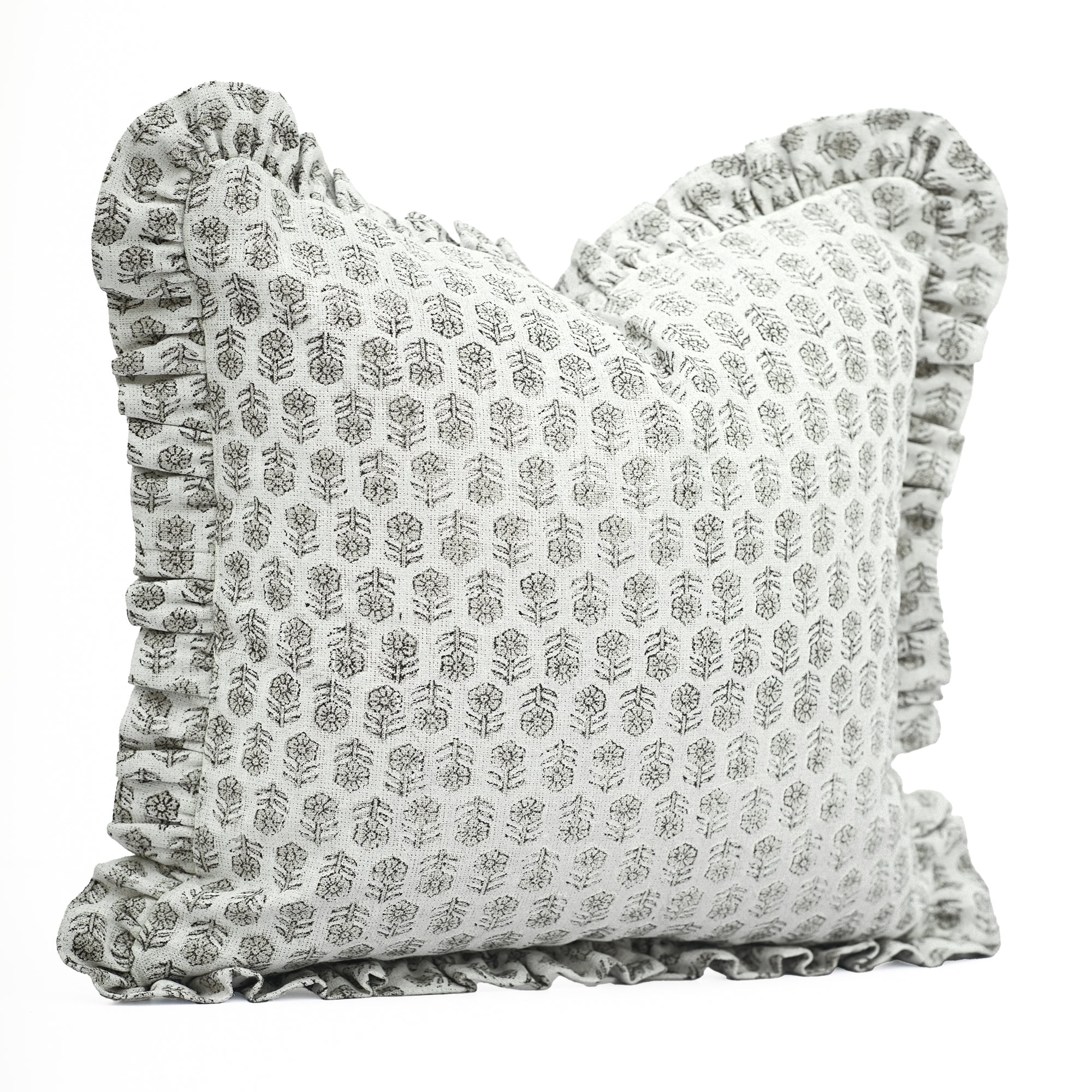 Block Print Ruffled Linen Pillow Cover Charcoal Floral - Tulsi Butti