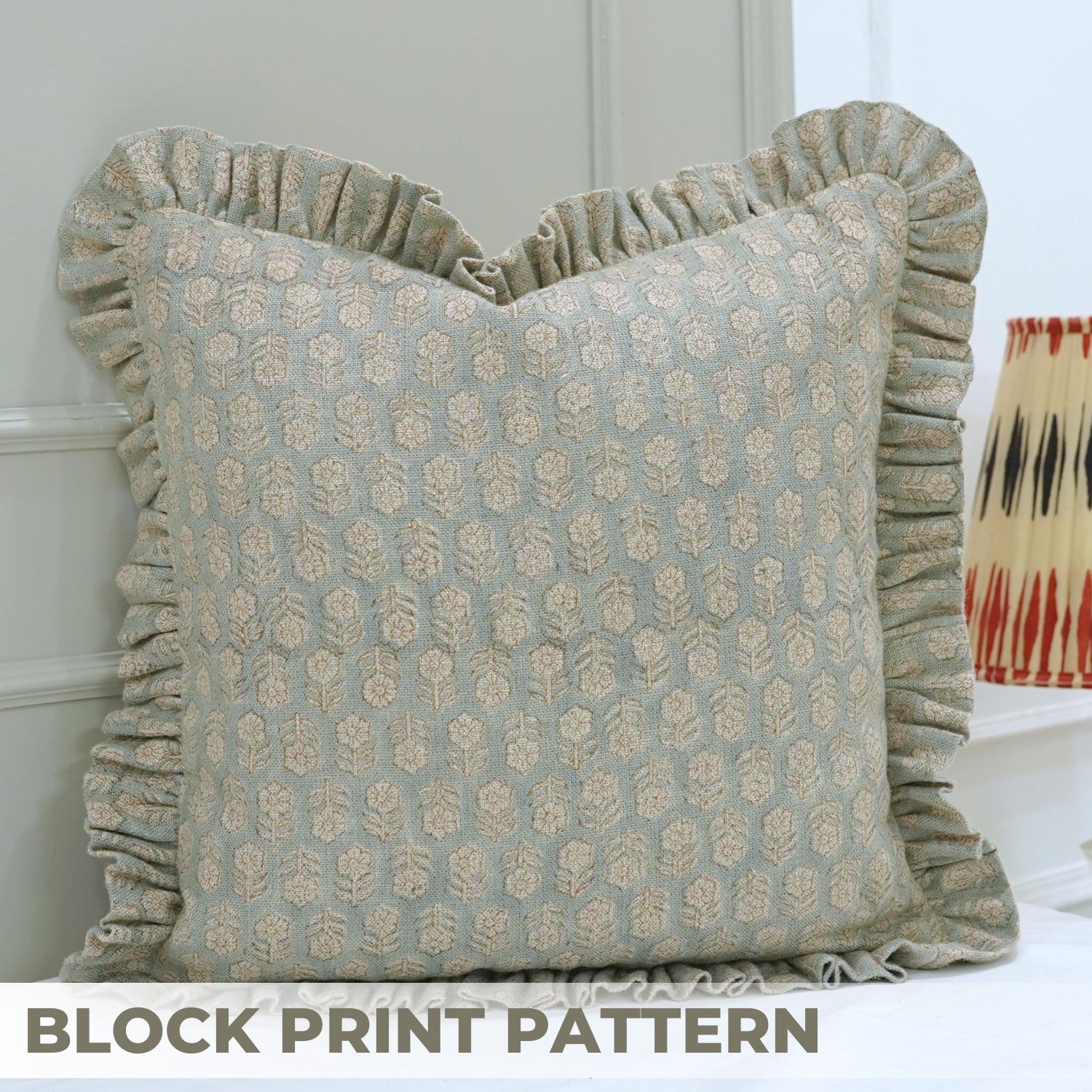 Block Printed Floral Thick Linen Frill Pillow Cover - Tulsi Buti