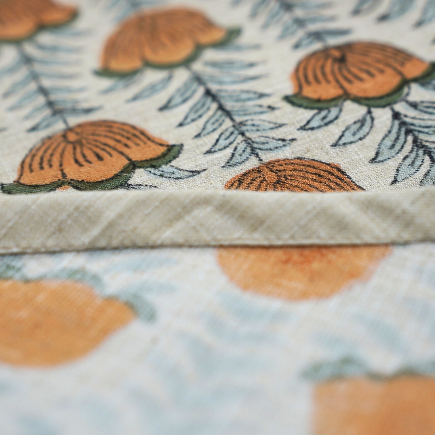 Handmade Block Printed Gray, Green & Bronze Brown Floral Linen Blend Christmas Tree Skirt – Lotus Holiday Decor