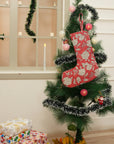 Block Printed Red & Beige Big Floral Christmas Stockings on Thick Linen with Pompom Elegant Festive Decorative Holiday Decor - Rameshwaram 