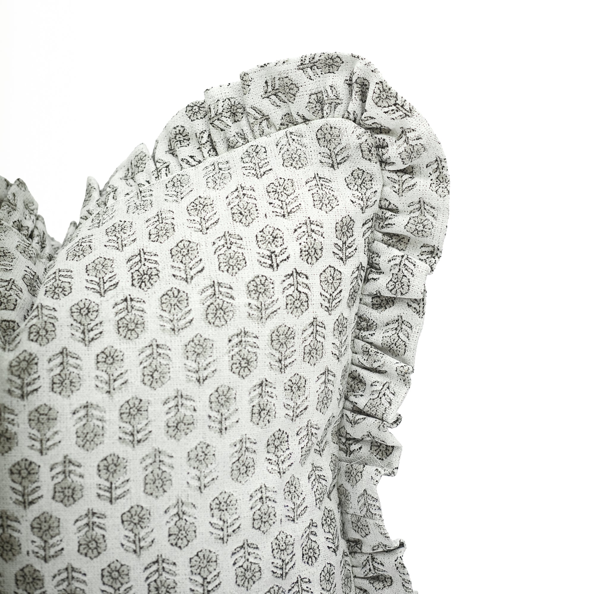 Block Print Ruffled Linen Pillow Cover Charcoal Floral - Tulsi Butti