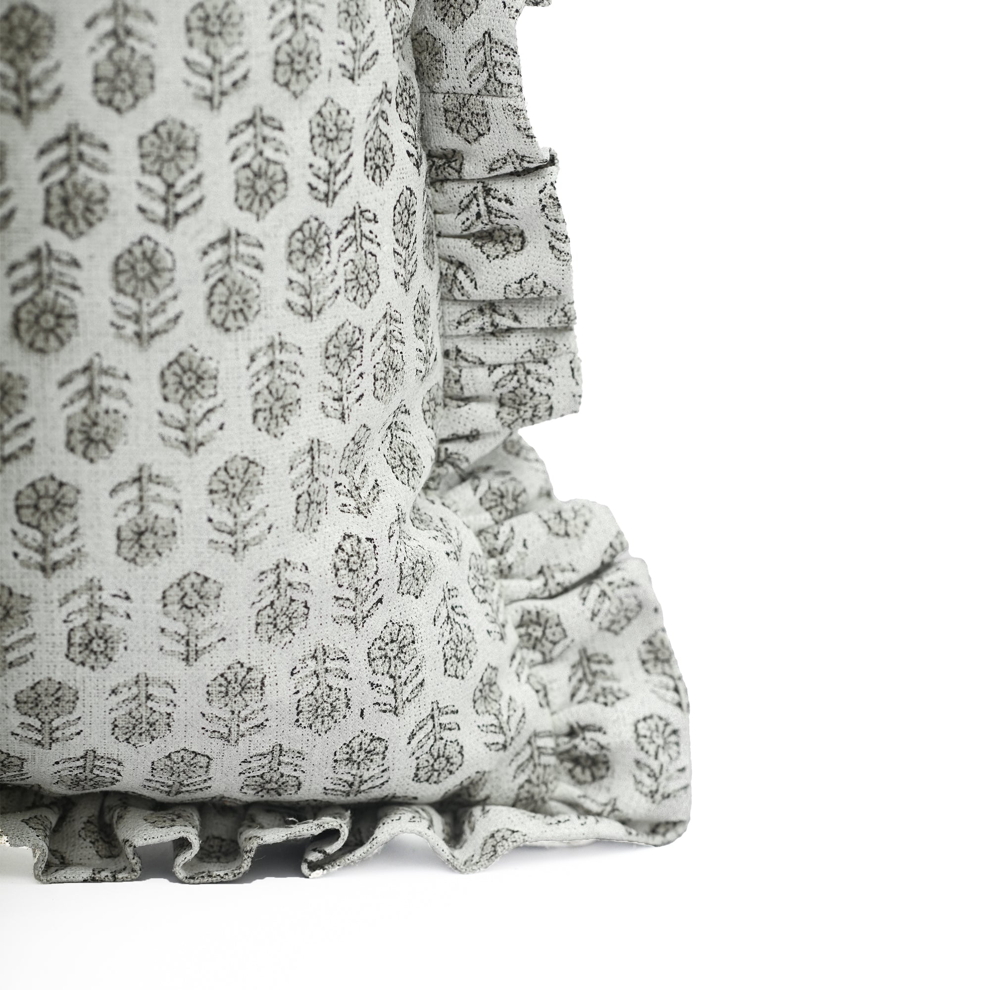 Block Print Ruffled Linen Pillow Cover Charcoal Floral - Tulsi Butti