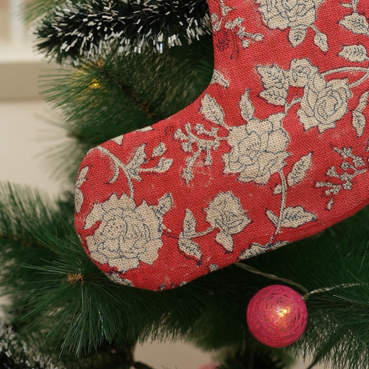 Block Printed Red & Beige Big Floral Christmas Stockings on Thick Linen with Pompom Elegant Festive Decorative Holiday Decor - Rameshwaram 