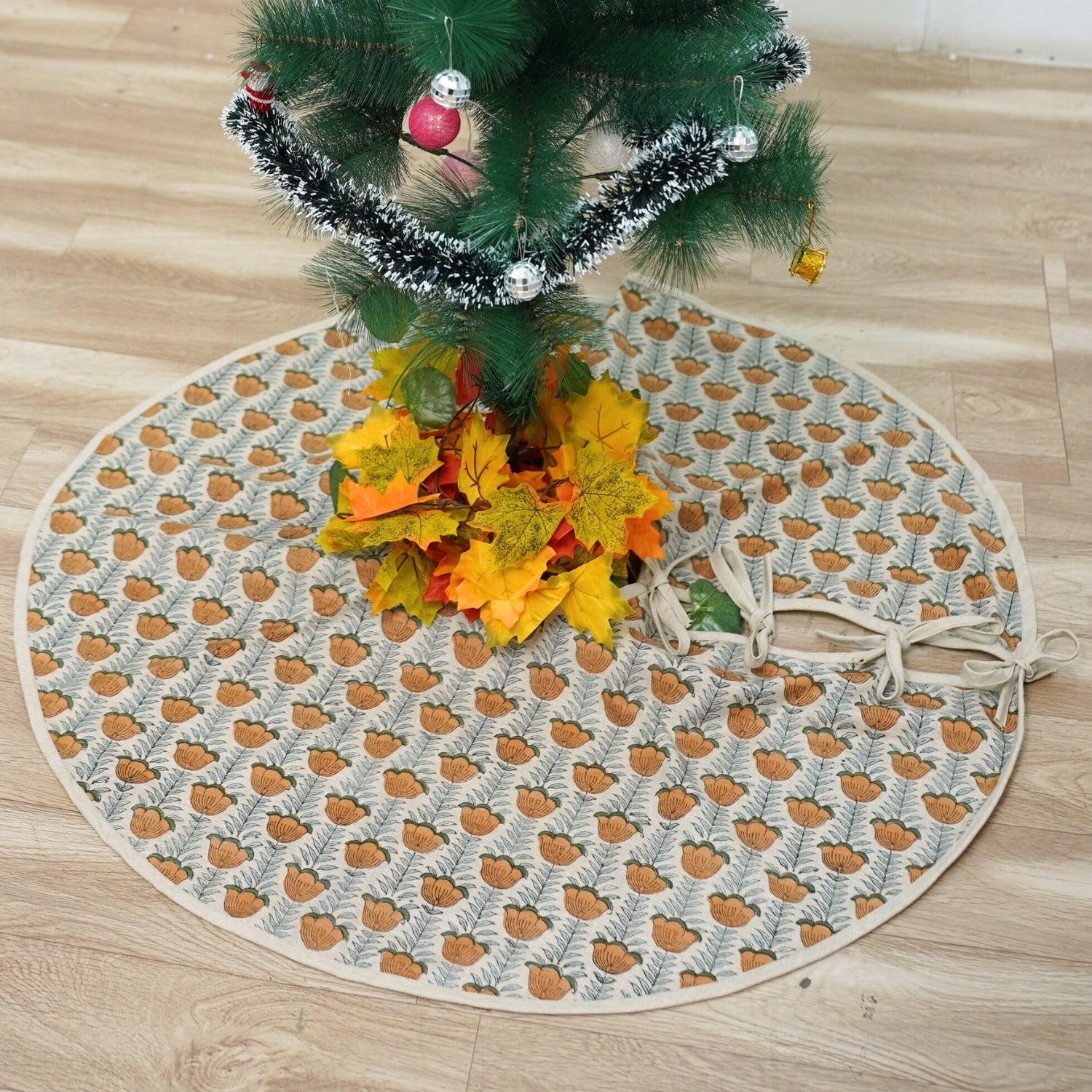 Handmade Block Printed Gray, Green & Bronze Brown Floral Linen Blend Christmas Tree Skirt – Lotus Holiday Decor
