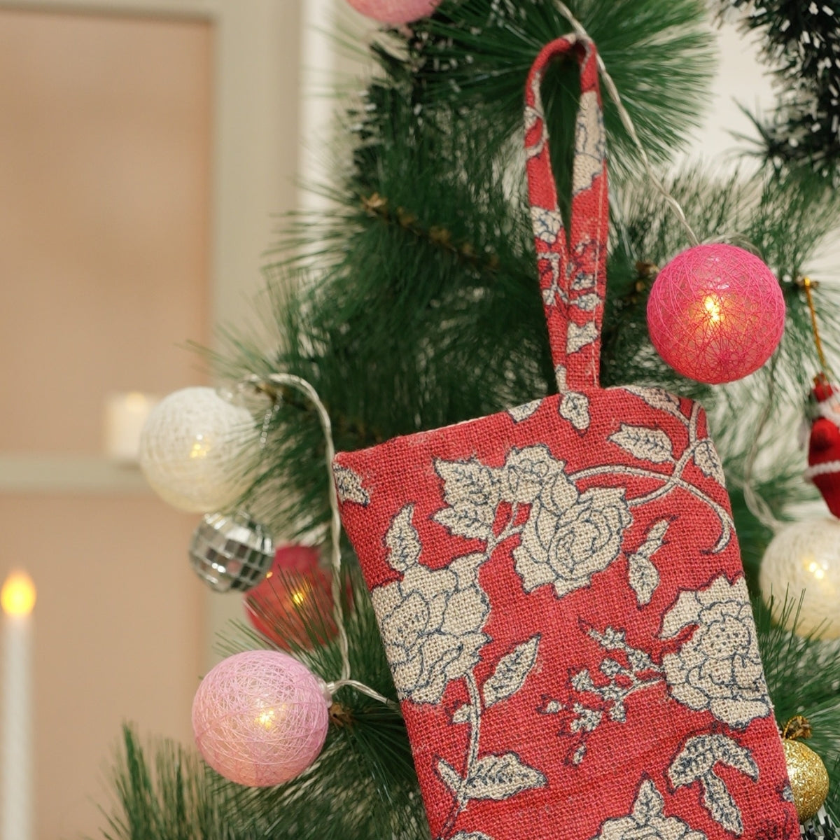 Block Printed Red & Beige Big Floral Christmas Stockings on Thick Linen with Pompom Elegant Festive Decorative Holiday Decor - Rameshwaram 