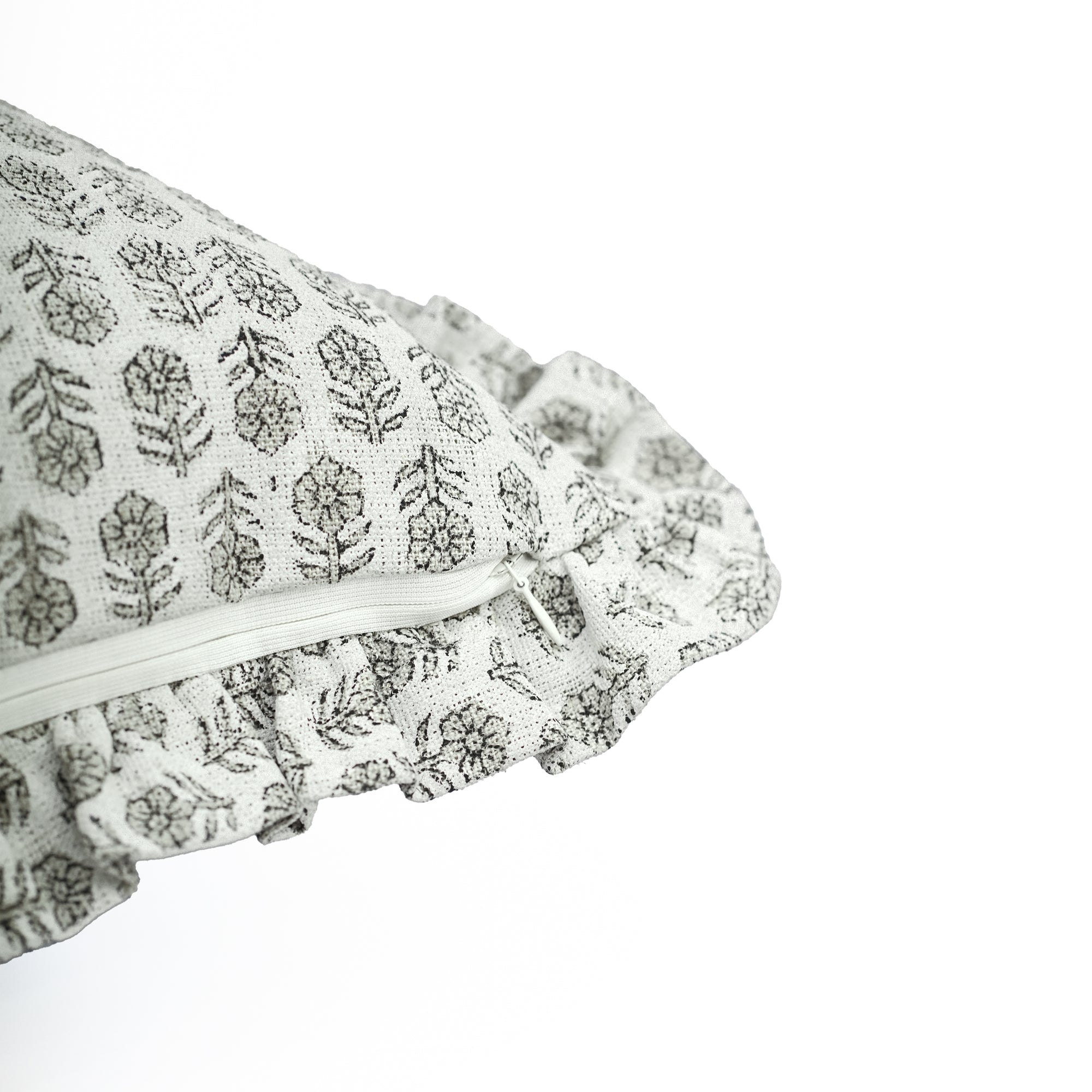 Block Print Ruffled Linen Pillow Cover Charcoal Floral - Tulsi Butti