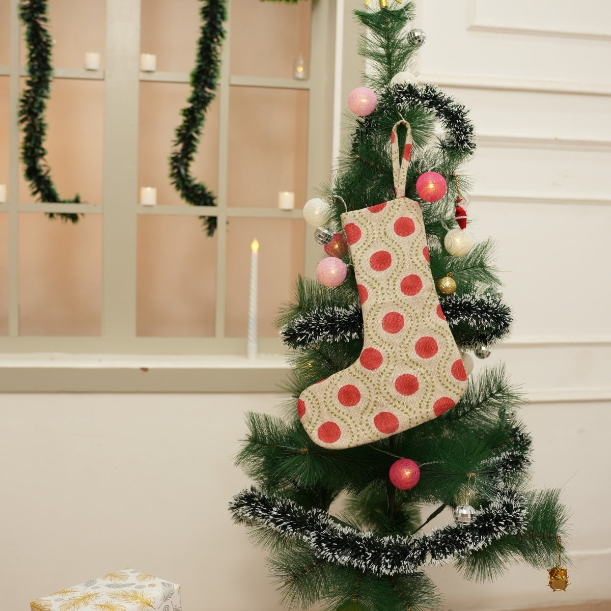 Handmade Block Printed Red & Green Floral Rajbhog Christmas Stockings on Thick Linen Decorative Holiday Decor for Small Gifts & Candies