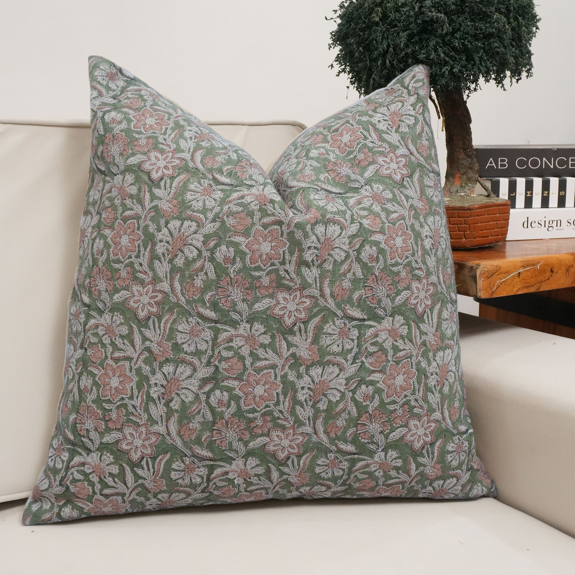 Dark Green Jarul Block Print Linen Boho Cushion Cover 