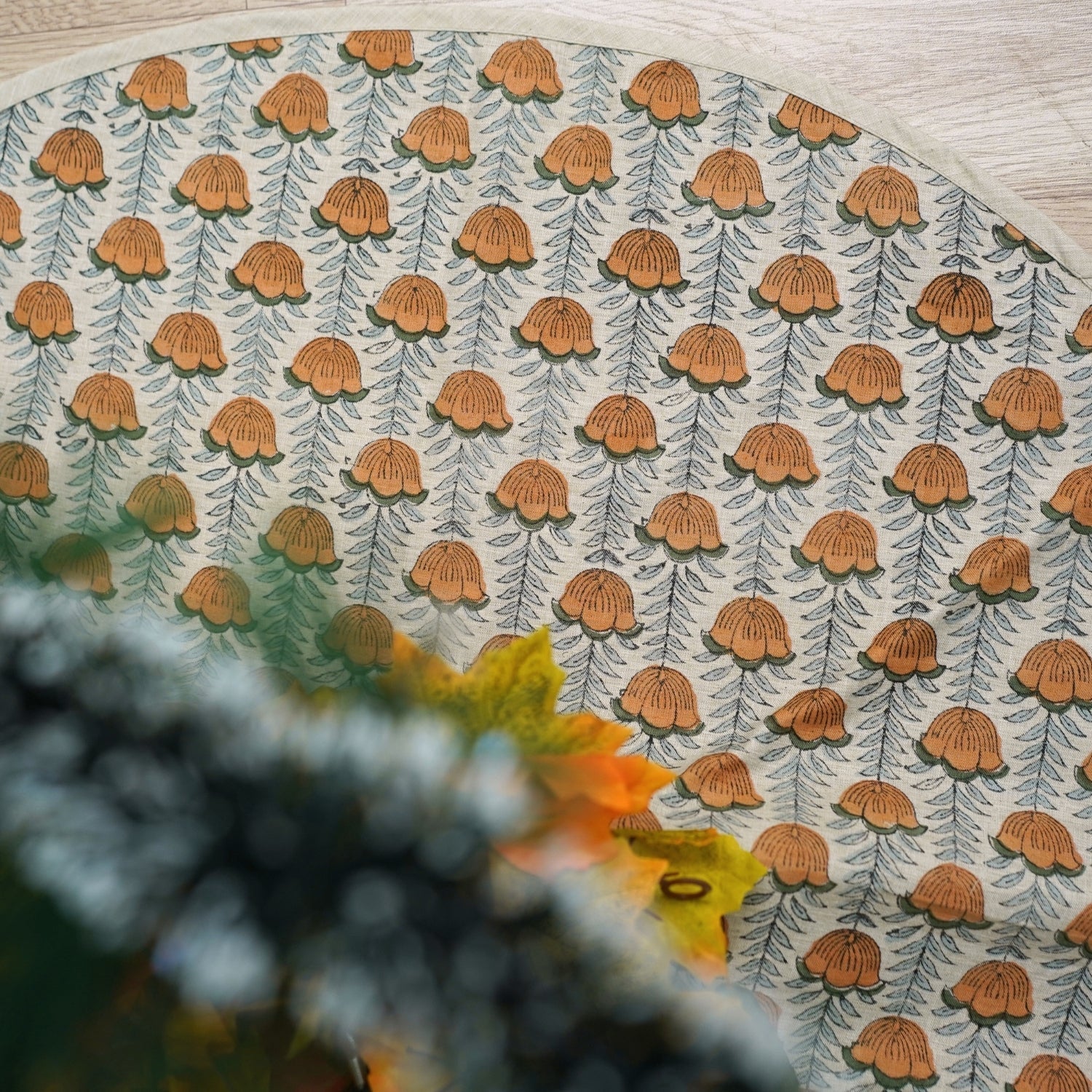 Handmade Block Printed Gray, Green & Bronze Brown Floral Linen Blend Christmas Tree Skirt – Lotus Holiday Decor
