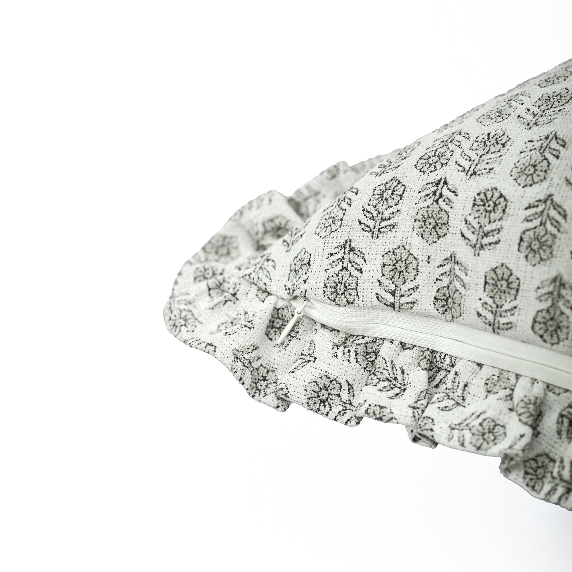 Block Print Ruffled Linen Pillow Cover Charcoal Floral - Tulsi Butti