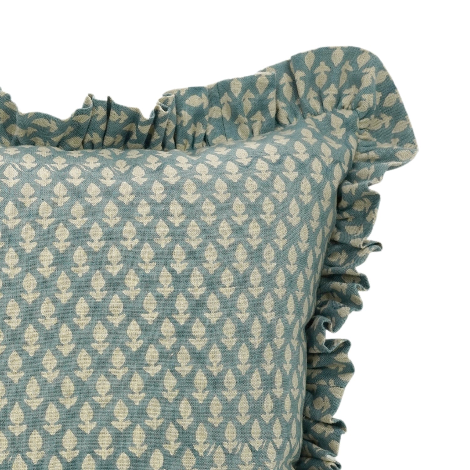 Floral Block Printed Pure Linen Frill Pillow Cover - Hariyali
