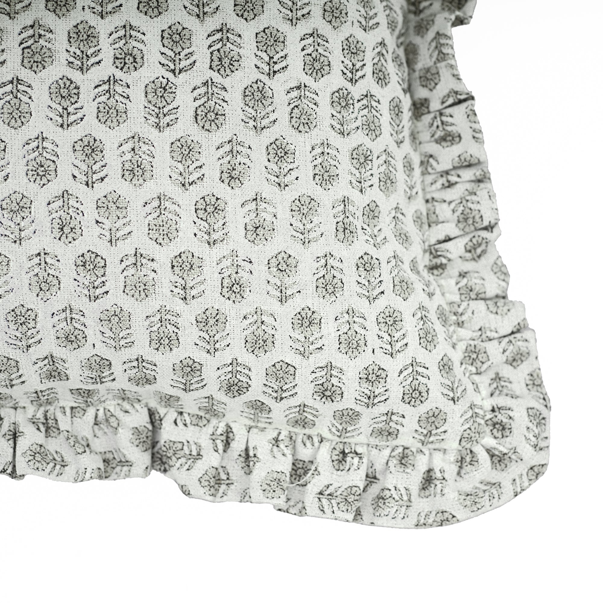 Block Print Ruffled Linen Pillow Cover Charcoal Floral - Tulsi Butti