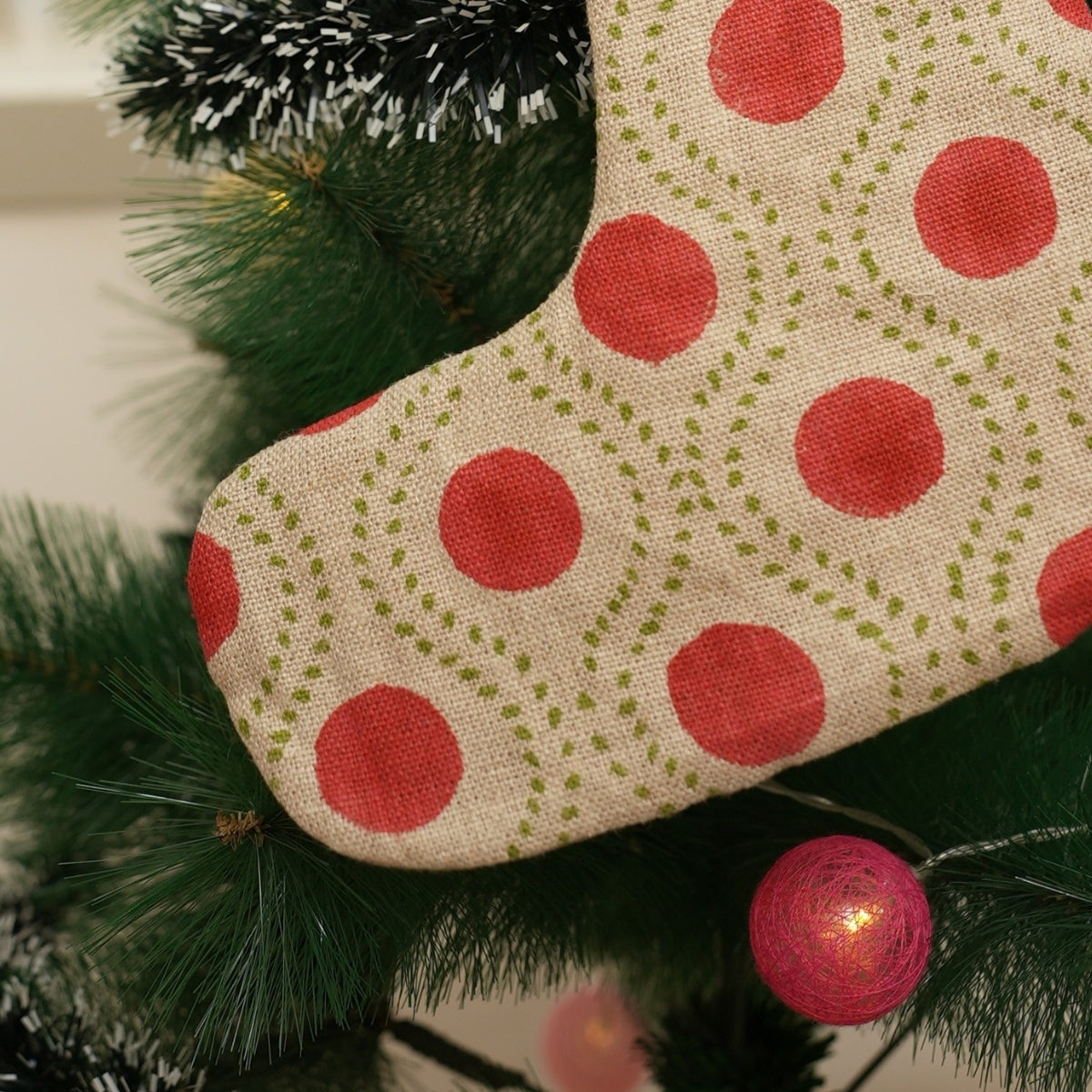 Handmade Block Printed Red & Green Floral Rajbhog Christmas Stockings on Thick Linen Decorative Holiday Decor for Small Gifts & Candies