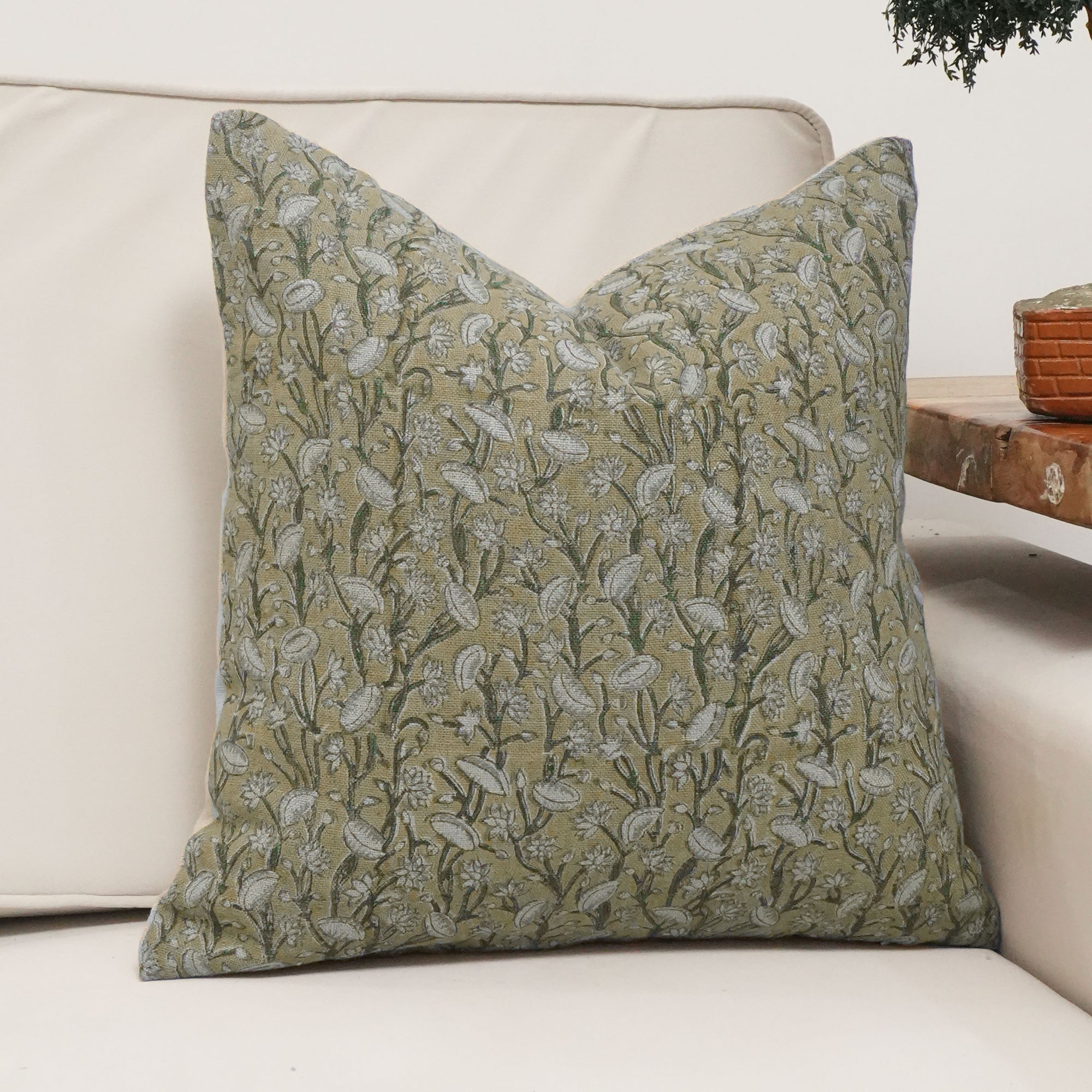 Pishta Block Print Thick Linen Sofa Cushion Cover Brown Floral
