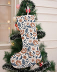 Handmade Mandakani Blue and Coconut Christmas Stockings Block Printed on Thick White Cotton with Pom Pom Detailing Perfect for Bedroom Holiday Decor