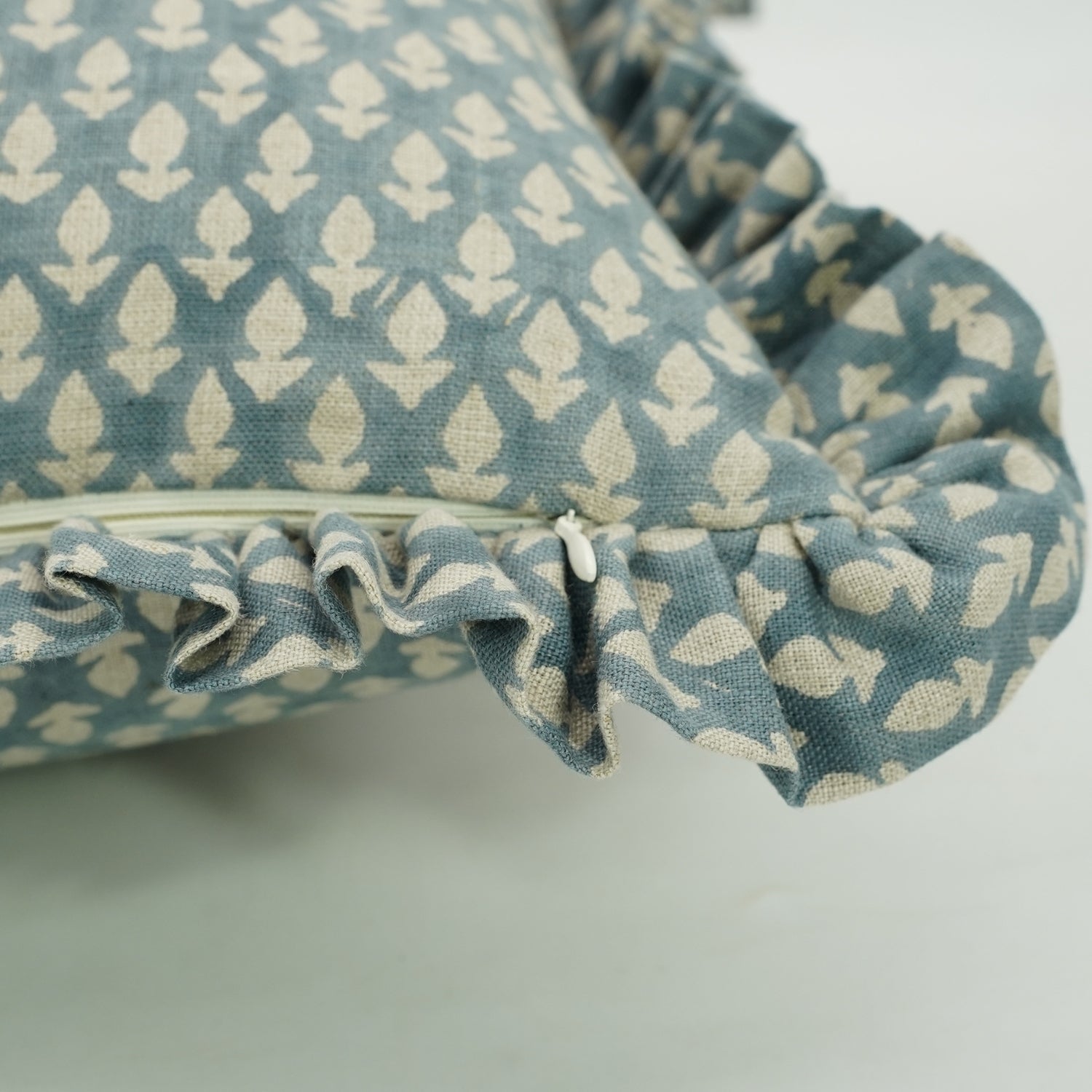 Floral Block Printed Pure Linen Frill Pillow Cover - Hariyali