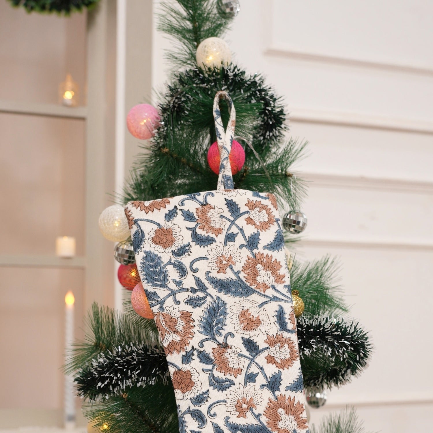 Handmade Mandakani Blue and Coconut Christmas Stockings Block Printed on Thick White Cotton with Pom Pom Detailing Perfect for Bedroom Holiday Decor
