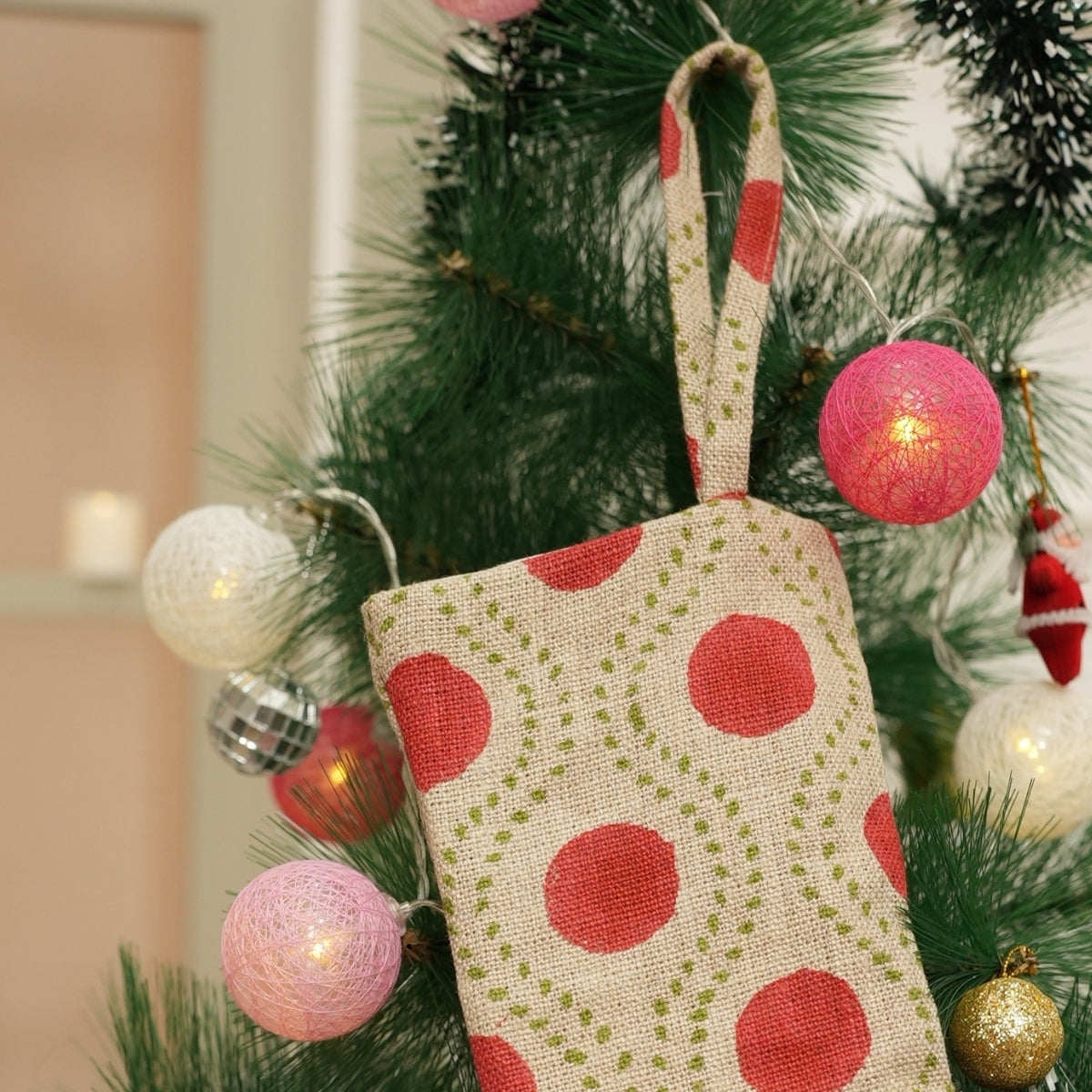 Handmade Block Printed Red & Green Floral Rajbhog Christmas Stockings on Thick Linen Decorative Holiday Decor for Small Gifts & Candies
