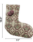Hand Block Printed Pure Linen Christmas Stocking in Wine & Gray Floral Holiday Decor with Pom Pom Tassel - Hridyavan