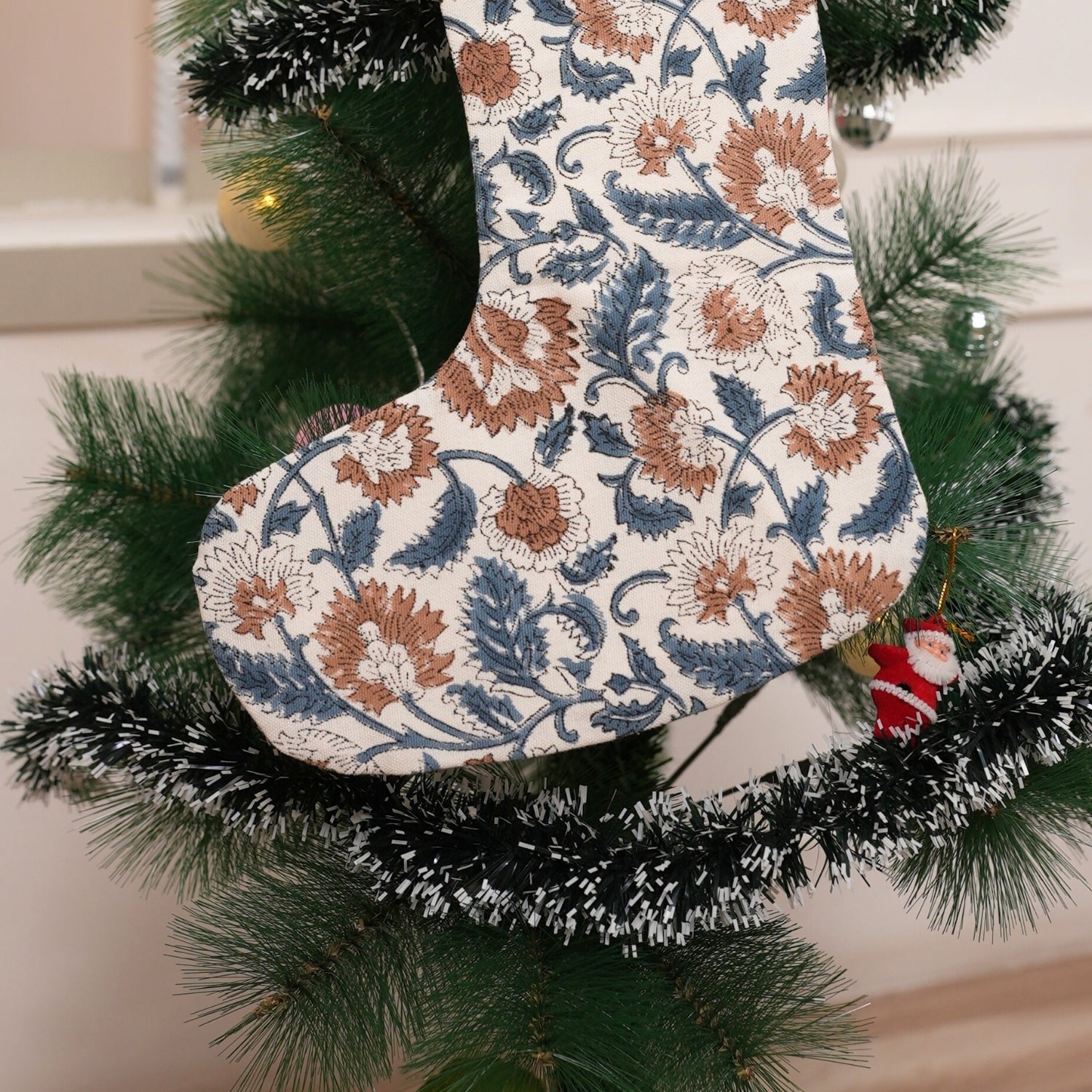 Handmade Mandakani Blue and Coconut Christmas Stockings Block Printed on Thick White Cotton with Pom Pom Detailing Perfect for Bedroom Holiday Decor
