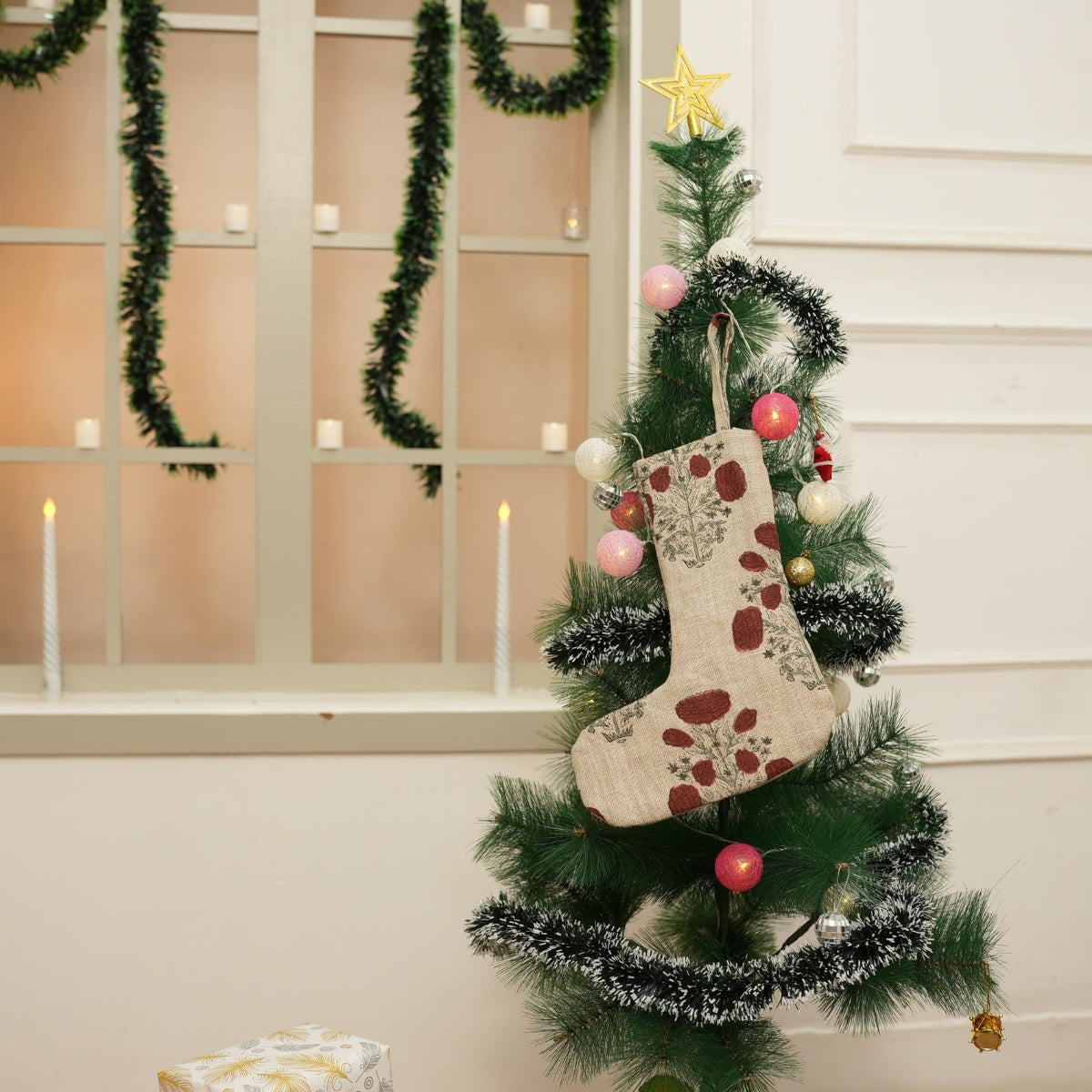 Handcrafted Thick Linen Brown & Gray Floral Block Printed Christmas Stockings Swadesh Design with Pompom
