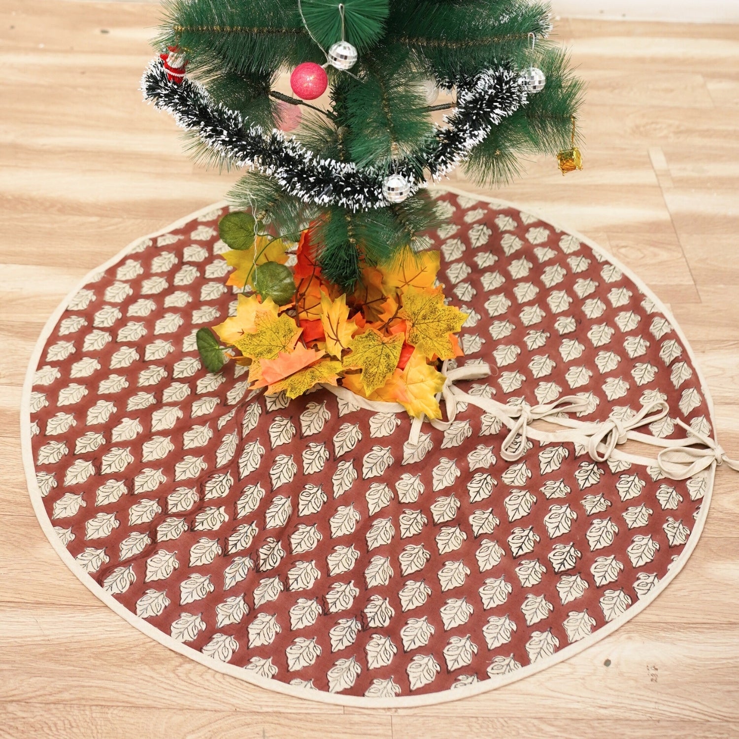 Handmade Brown & Beige Floral Block Printed Round Christmas Tree Skirt on Mayur Linen Blend for Tree Fuller Look 