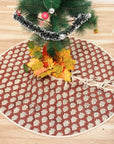 Handmade Brown & Beige Floral Block Printed Round Christmas Tree Skirt on Mayur Linen Blend for Tree Fuller Look 