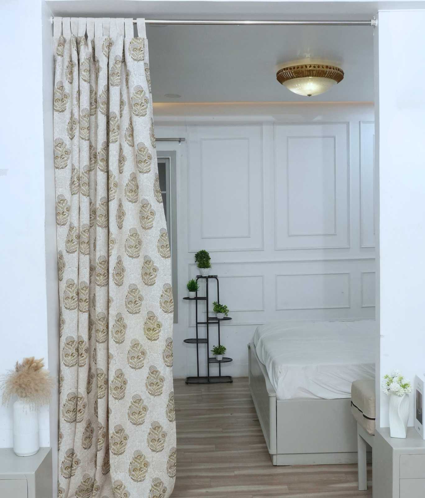Wooden Block Gray Floral Linen Bedroom Drapery - Mohini