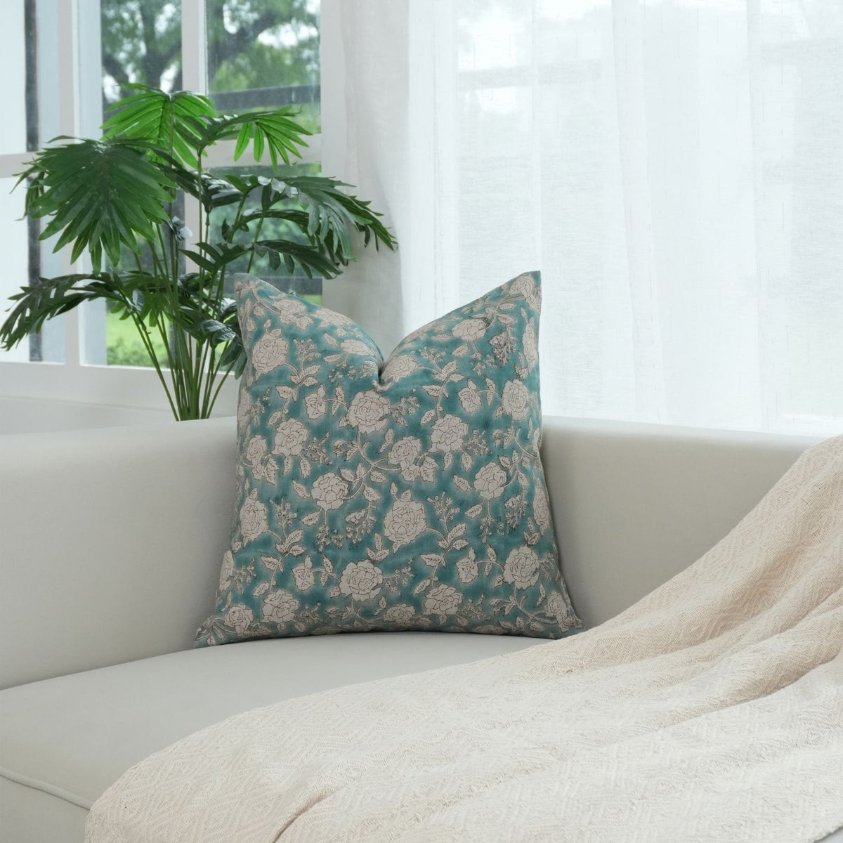Handcrafted Decor Rameshwaram Teal Linen Pillow Cover