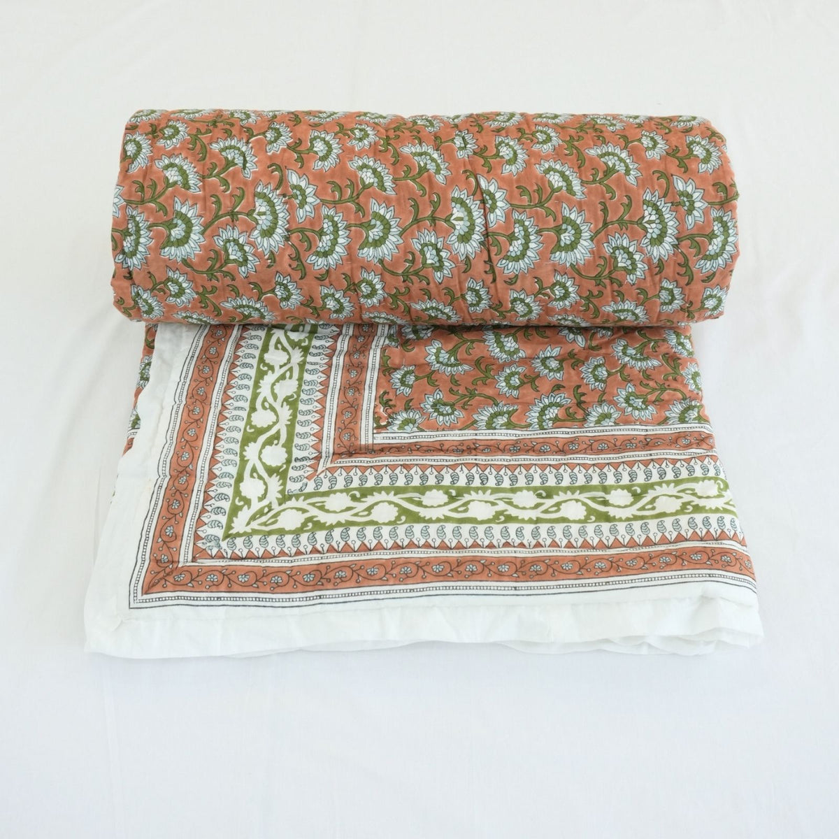 Block Print Floral Border Decorative Cotton Quilt - Rajanigandha