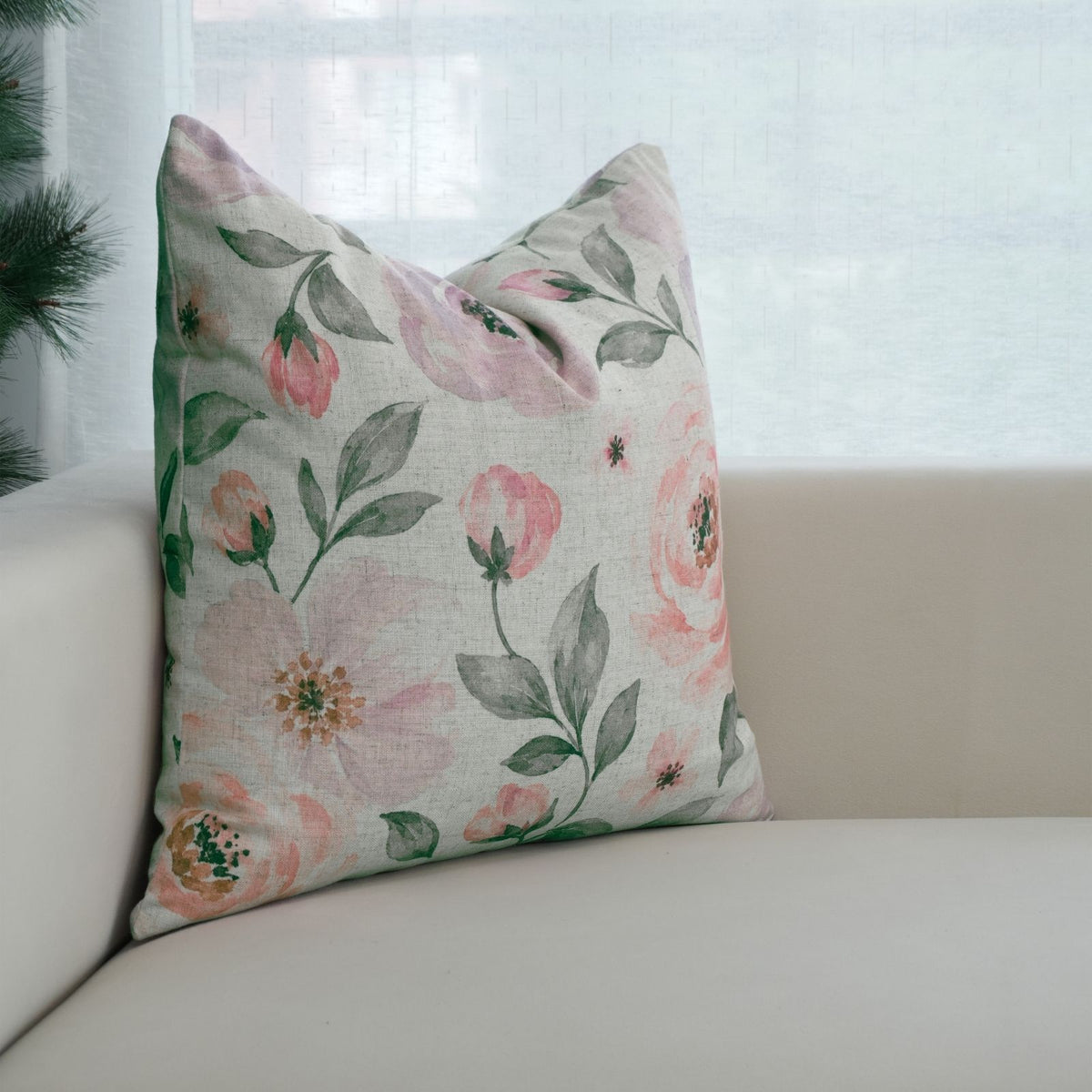 Pink Rose Floral Printed Natural Cream Linen Pillow Cover