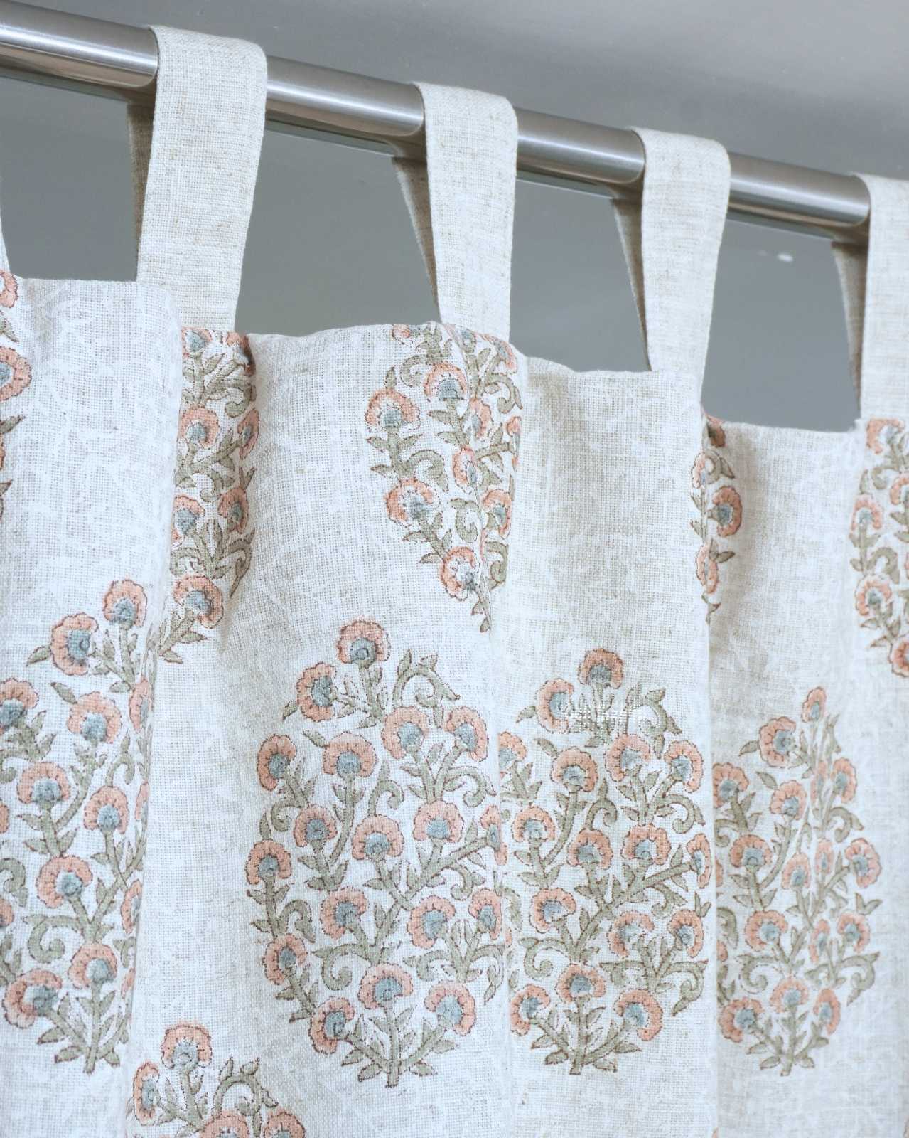 Gudhal Hand Block Print Tab Top Curtains | Pink Linen